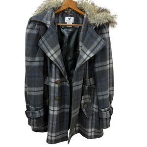 Worthington Plaid Pea Coat Womens Large Grey Blue Wool Blend Faux Fur Collar